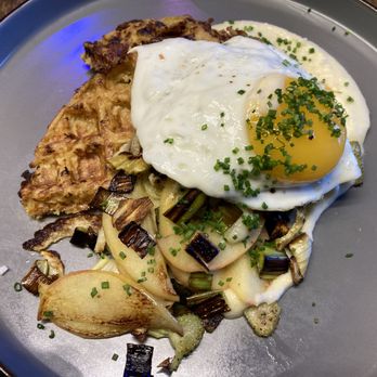 Wild Hare - Parsnip waffle breakfast special, with parsnip puree, apple, fennel, leeks, topped with a sunny egg - Breakfast & Brunch Near Me - Hudson, Massachusetts