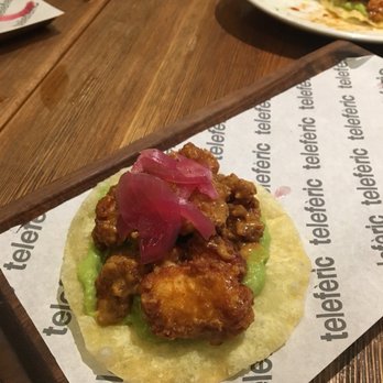 Telefèric - One of the two fried chicken tostadas. Good but strong coconut taste! - Tapas/Small Plates Near Me - Barcelona, B Telefèric - One of the two fried chicken tostadas. Good but strong coconut taste! - Tapas/Small Plates Near Me - Barcelona, B