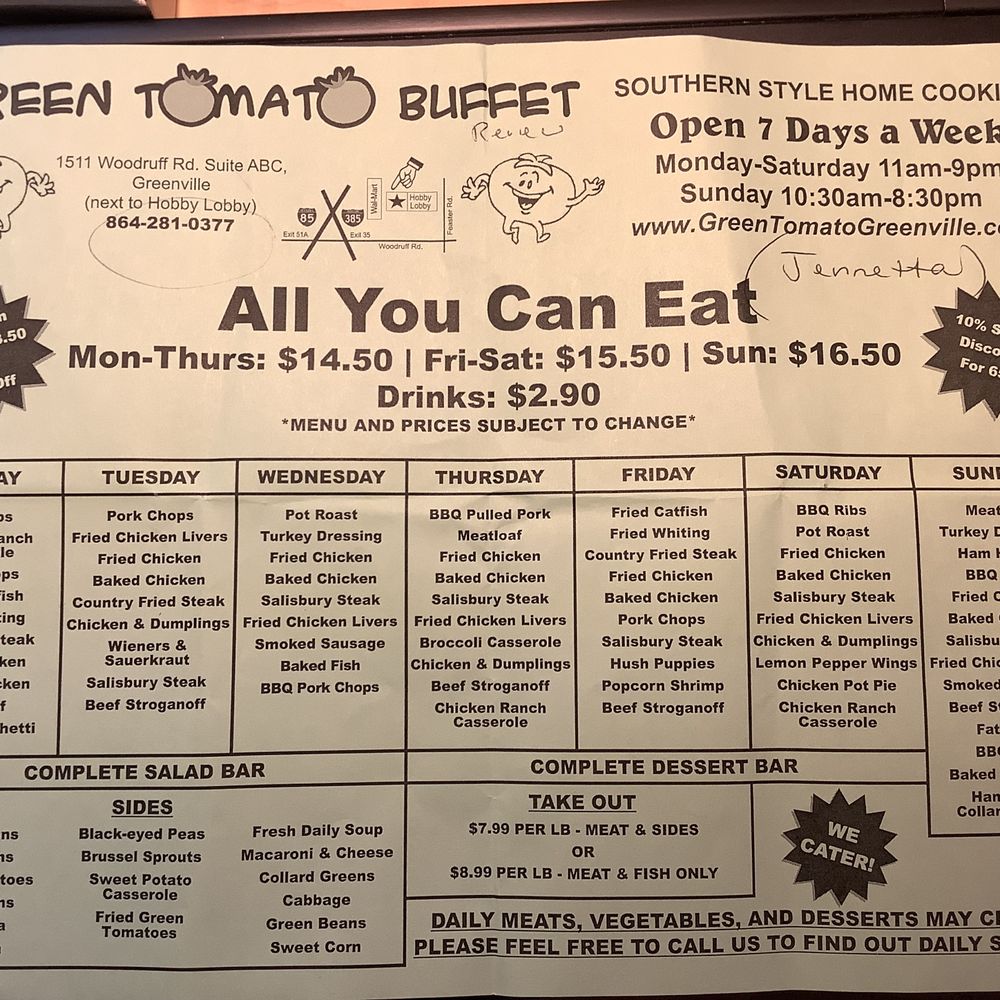 Menu with contact info as of 11/25