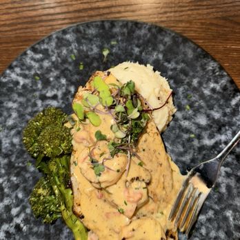STIRR - Redfish topped with the shrimp, mashed potatoes and broccolini. - Cocktail Bars Near Me - Dallas, Texas STIRR - Redfish topped with the shrimp, mashed potatoes and broccolini. - Cocktail Bars Near Me - Dallas, Texas
