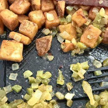 Scrambled - Soggy bell peppers and onions added to the "crispy" diced potatoes - Breakfast & Brunch Near Me - Henderson, Nevada Scrambled - Soggy bell peppers and onions added to the "crispy" diced potatoes - Breakfast & Brunch Near Me - Henderson, Nevada