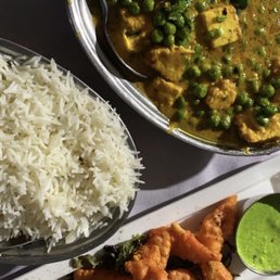 fish pakora, paneer curry, rice