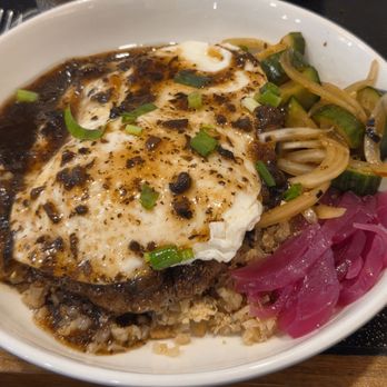 Rise Cafe - Locomoco with eggs over easy ontop cauliflower rice. Sooo ono! (Add on cucumber and onion pickles) - Coffee & Tea Near Me - Honolulu, Hawaii Rise Cafe - Locomoco with eggs over easy ontop cauliflower rice. Sooo ono! (Add on cucumber and onion pickles) - Coffee & Tea Near Me - Honolulu, Hawaii
