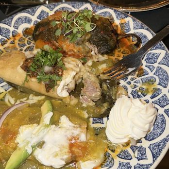 Caló Kitchen + Tequila - 3 item combo with a cheese enchilada with green sauce and the chile relleno stuffed with carnitas and a beef tamale. Fire! - Cocktail Bars Near Me - Costa Mesa, California