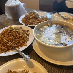 Egg drop soup, Chicken chow mein, and chicken fried rice. Egg drop soup, Chicken chow mein, and chicken fried rice.