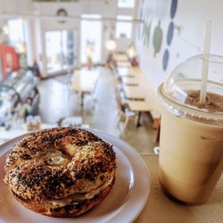B Twentyfour - Iced Lavender Latte & Everything Bagel with Cream Cheese.
