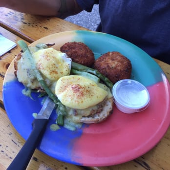 Jan's Place - Crab cake egg Benedict with asparagus with a side of potato spuds - Breakfast & Brunch Near Me - Jensen Beach, Florida