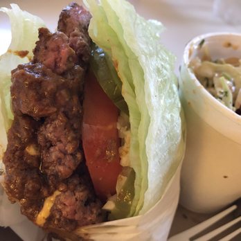 Carneys - Protein chili cheese burger med rare with asian slaw - Burgers Near Me - Studio City, California Carneys - Protein chili cheese burger med rare with asian slaw - Burgers Near Me - Studio City, California
