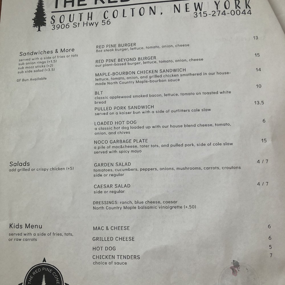 The Red Pine Cone - Menu - Pizza Near Me - South Colton, New York