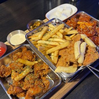 Chicken Today - Trio boneless fried chicken platter, comes with tteokbokki in each one as well as dips and sides and a salad. - Korean Near Me - Los Angeles, California Chicken Today - Trio boneless fried chicken platter, comes with tteokbokki in each one as well as dips and sides and a salad. - Korean Near Me - Los Angeles, California