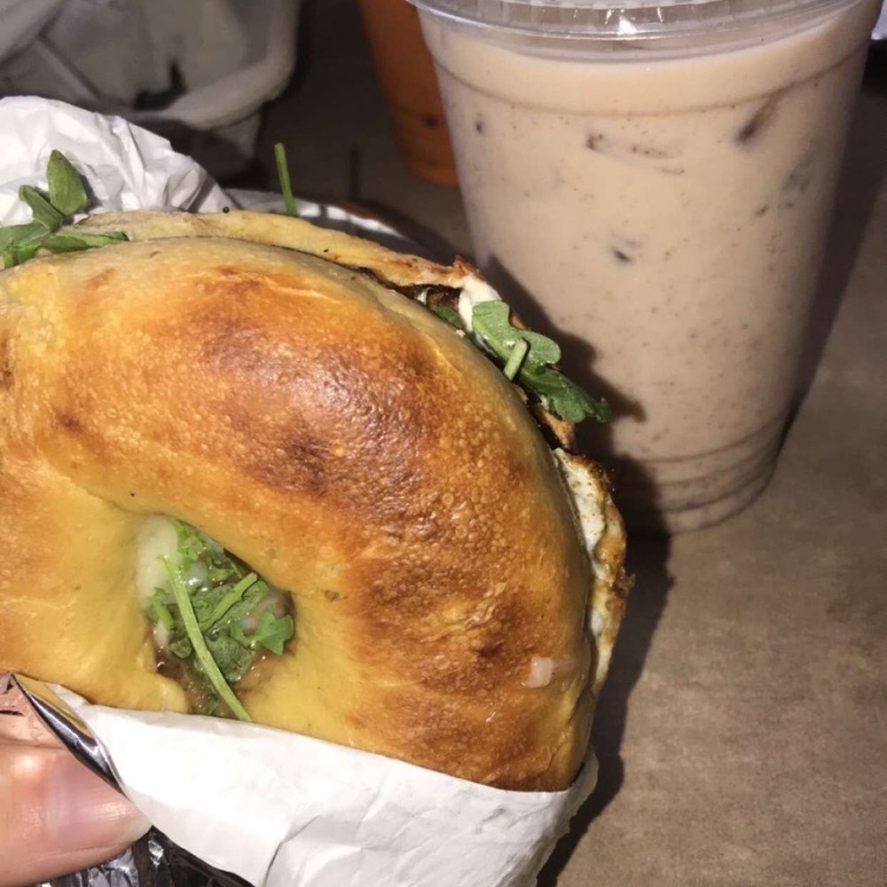 405 bagel, Iced Chai Latte, sneaky little Thai Iced Tea in the background. Don't judge me. 405 bagel, Iced Chai Latte, sneaky little Thai Iced Tea in the background. Don't judge me.
