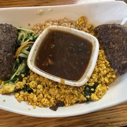 Mushroom patty loco moco with scrambled tofu. Amazing