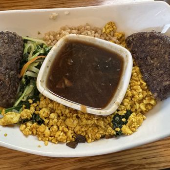 Palm Greens Cafe - Mushroom patty loco moco with scrambled tofu. Amazing - Breakfast & Brunch Near Me - Palm Springs, California