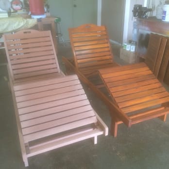 Its All In the Prep - Chaise lounge on right is after chemical stripping, sanding, staining and exterior transparent marine finish product. - Painters Near Me