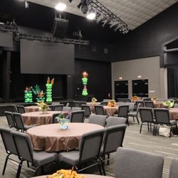 Set up of a women's retreat in the Dubose Auditorium.