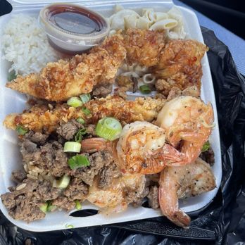 Maui's on Main - 3 meat plate with Hawaiian fried chicken, shrimp, and beef teriyaki - Burgers Near Me - San Antonio, Texas Maui's on Main - 3 meat plate with Hawaiian fried chicken, shrimp, and beef teriyaki - Burgers Near Me - San Antonio, Texas