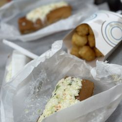 Hot Dog World - Vege dog with slaw and tots A must stop in Hendersonville.