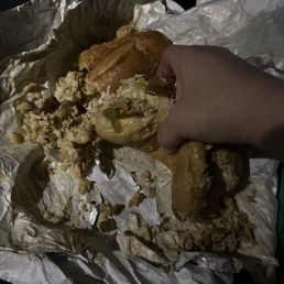 Gross sloppy greasy sandwich supposed to be chicken peppers and provolone Gross sloppy greasy sandwich supposed to be chicken peppers and provolone
