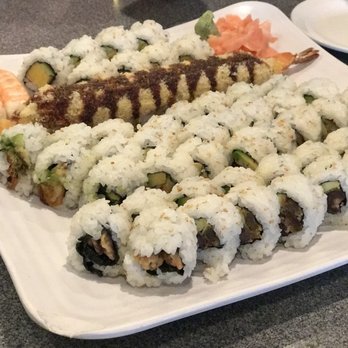 Sagano Japanese Bistro - Top/Bottom: Shrimp nigiri, East Roll, Crunchy Roll, Diet Roll (we received one too many) and Sweet Potato Roll - Japanese Near Me - Flint, Michigan