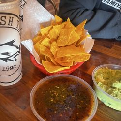Baja Fish Tacos - Chips, guac and the best roasted salsa ever!!!