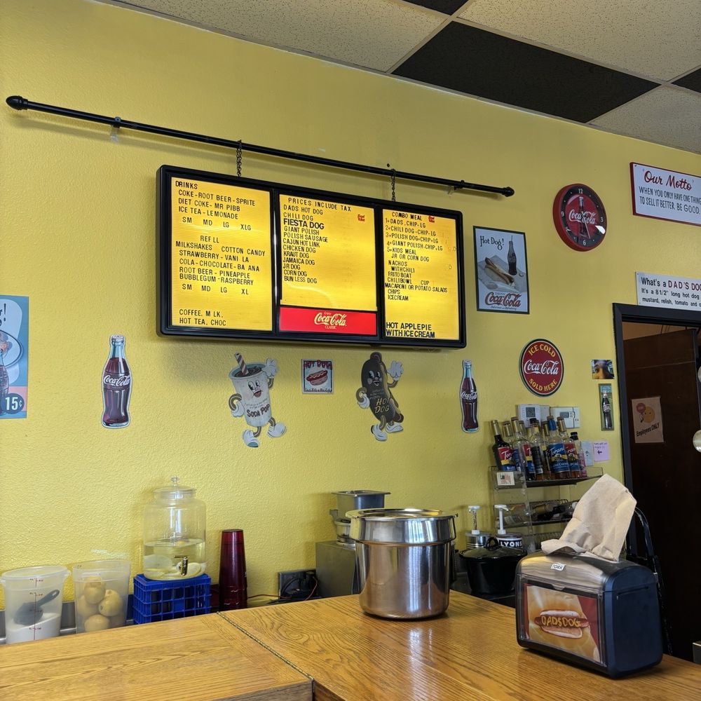 Dad's Hot Dogs - Old school menu board with prices - Hot Dogs Near Me - Stockton, California