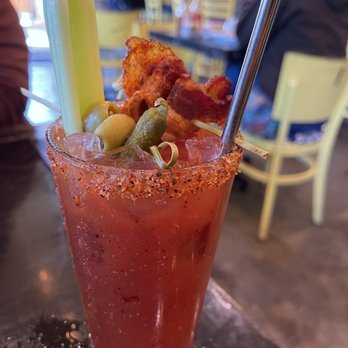 Breakfast Republic - Jurassic bloody mary. Comes with their Jurassic pork as a garnish. - Breakfast & Brunch Near Me - San Diego, California Breakfast Republic - Jurassic bloody mary. Comes with their Jurassic pork as a garnish. - Breakfast & Brunch Near Me - San Diego, California