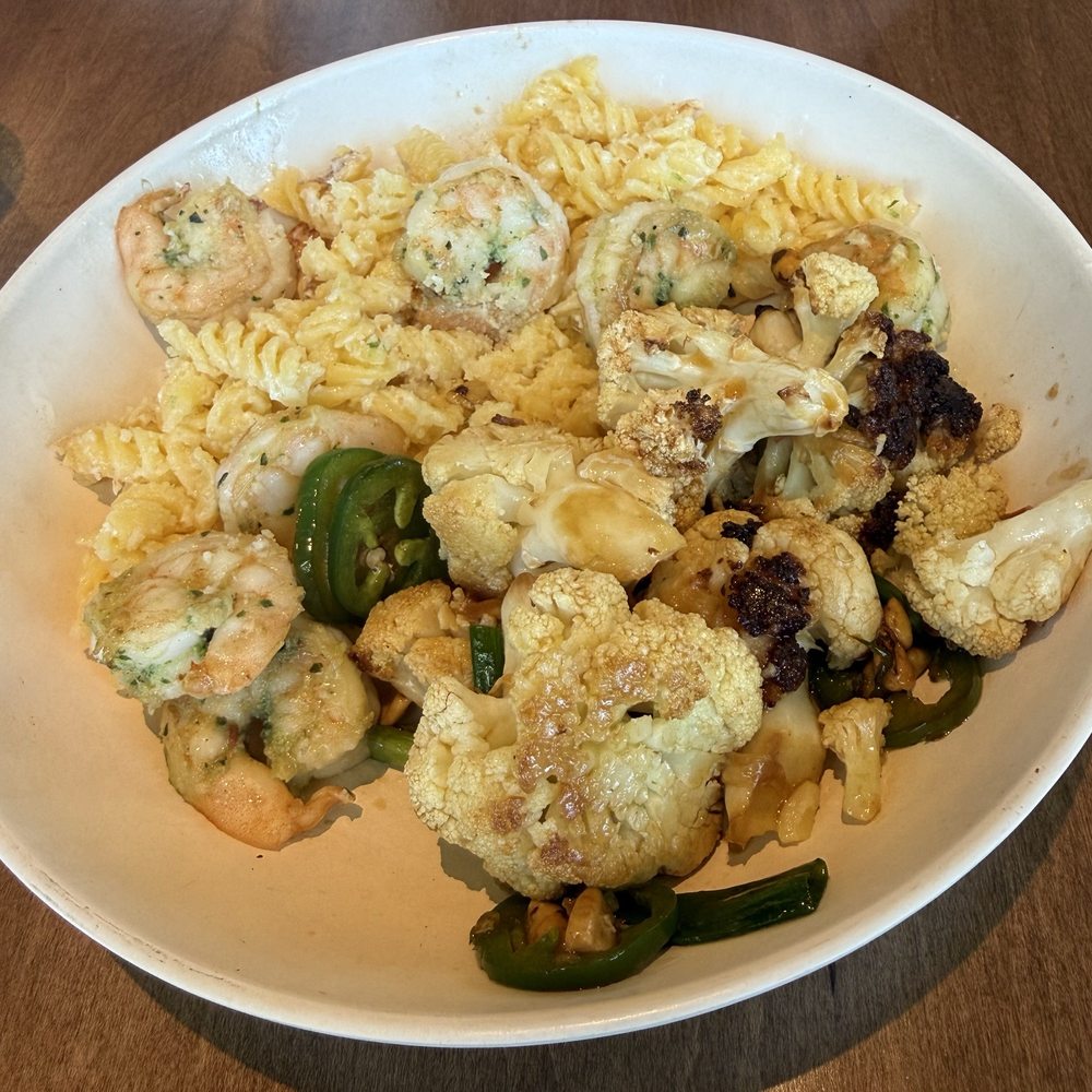 Flower Child - Shrimp entree with Gluten-Free Mac & Cheese and Kung Pow Cauliflower - Salad Near Me - Henderson, Nevada Flower Child - Shrimp entree with Gluten-Free Mac & Cheese and Kung Pow Cauliflower - Salad Near Me - Henderson, Nevada