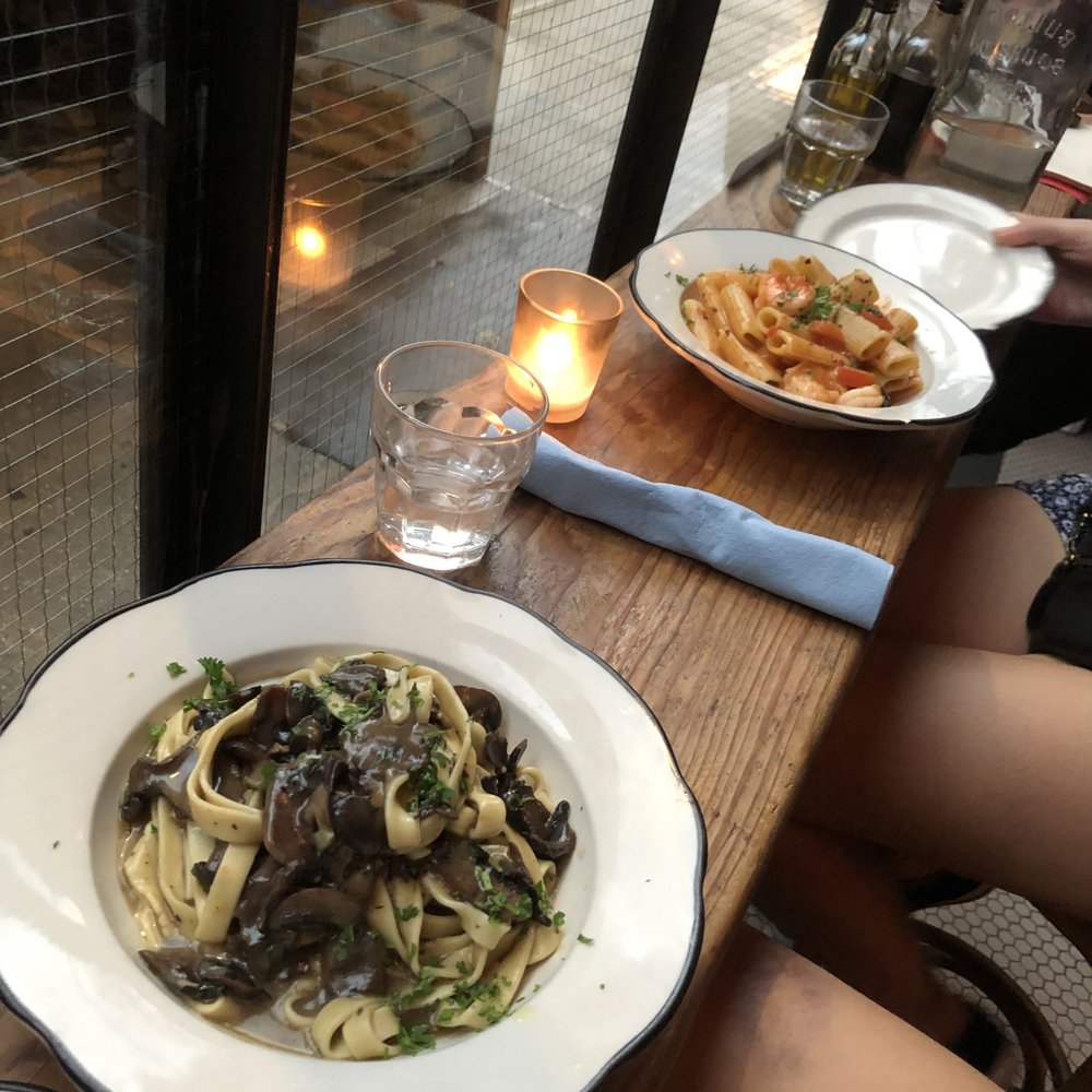 Cotenna - Bottom: Fettucine al Funghi, Top: Rigatoni e Gamberi - Italian Near Me - New York, New York Cotenna - Bottom: Fettucine al Funghi, Top: Rigatoni e Gamberi - Italian Near Me - New York, New York