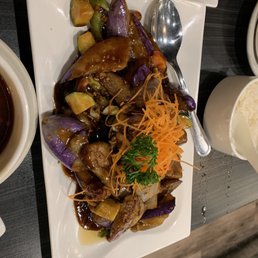 Chilli Cashew Eggplant with a side of rice. Yum