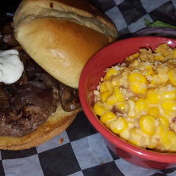 Spectators SBG - Bison Blue Blue Cheese Burger with Smokey Creamed Corn & Bacon - Sports Bars Near Me - Altoona, Iowa Spectators SBG - Bison Blue Blue Cheese Burger with Smokey Creamed Corn & Bacon - Sports Bars Near Me - Altoona, Iowa