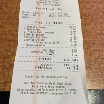Sizzler - Receipt - Seafood Near Me - Oceanside, California Sizzler - Receipt - Seafood Near Me - Oceanside, California