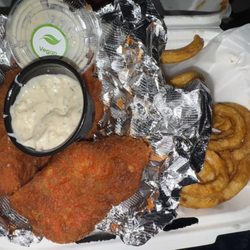 Vegan fingers, vegan bleu cheese, curly fries
