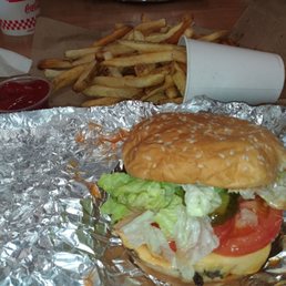 Bacon cheeseburger and tasteless soggy fries. Bacon cheeseburger and tasteless soggy fries.