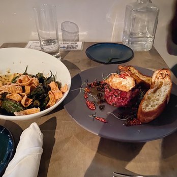 Gather in Jackson Hole - Shishito Peppers and beef Snake River Farms Wagyu Tartar - New American Near Me - Jackson, Wyoming