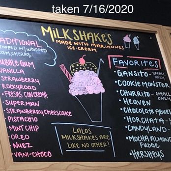 Lalo's Mexican Antojitos - menu of milkshakes taken 7/16/2020 - Mexican Near Me - Soledad, California Lalo's Mexican Antojitos - menu of milkshakes taken 7/16/2020 - Mexican Near Me - Soledad, California