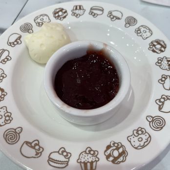 Hello Kitty Cafe - Strawberry preserves and butter to go with the scones - Themed Cafes Near Me - Santa Clara, California