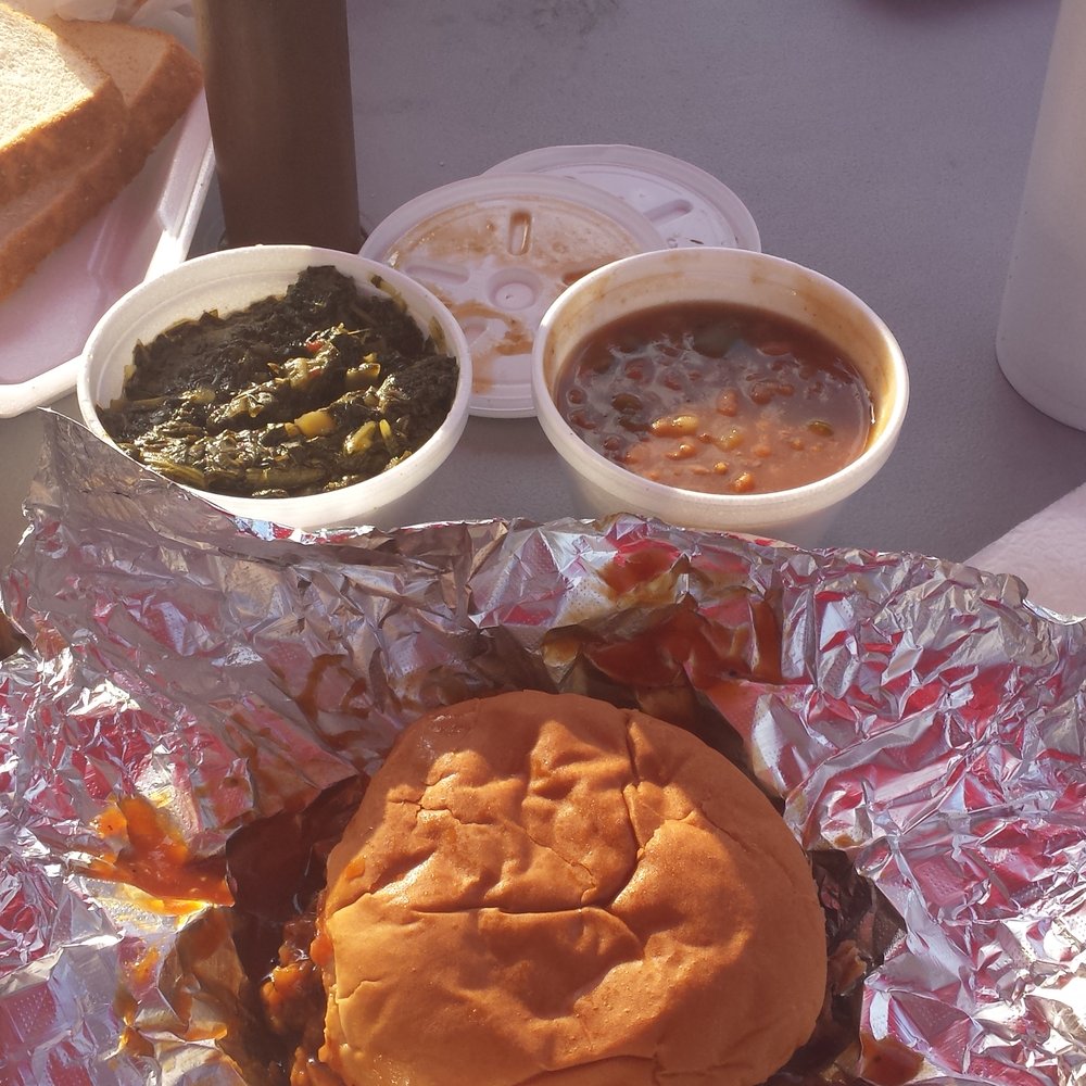 Crazy Ron's BBQ - Pulled pork sandwich with turnip greens and baked beans. - Barbeque Near Me - Stone Mountain, Georgia
