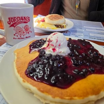 Jordans Restaurant - Blueberry pancakes awash in butter and blueberry syrup. So good. - Breakfast & Brunch Near Me - Bar Harbor, Maine Jordans Restaurant - Blueberry pancakes awash in butter and blueberry syrup. So good. - Breakfast & Brunch Near Me - Bar Harbor, Maine