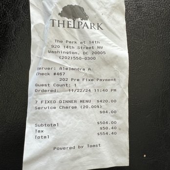 The Park at 14th - Bill with 20% surcharge that is not gratuity - Bars Near Me - Washington, DC, District of Columbia