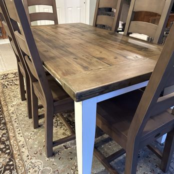 Restored Timbers - Beautiful white linen base reclaimed barnyard table top with solid wood colored chairs - Furniture Stores Near Me - Massapequa, New York