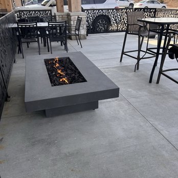 Aspasia Coffee and Bake Shop - Outdoor seating with a fire pit to warm yourself on chilly days. Hot idea!! - Gluten-Free Near Me - Carmel, Indiana