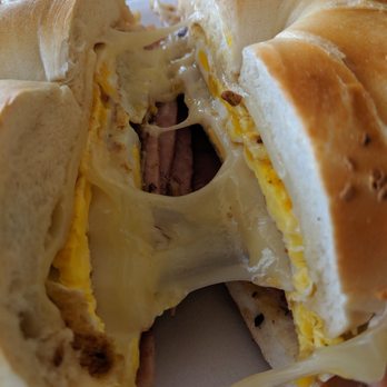 Township Hot Bagel - Ooey gooey yummy cheese, egg, and so much meat it slid out onto the plate!  PERFECTION! - Bagels Near Me - Sewell, New Jersey