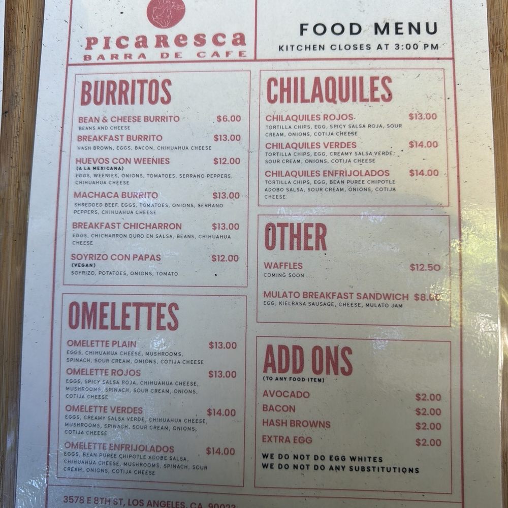 Picaresca - Food menu - Coffee & Tea Near Me - Los Angeles, California Picaresca - Food menu - Coffee & Tea Near Me - Los Angeles, California