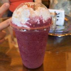 Catfish Coffee House - Smoothie (mango + blueberry) with apple juice and yogurt, with whipped cream on top