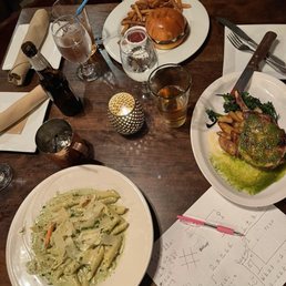 Children's cheeseburger (which was huge), Porkchop, Pesto Shrimp Pasta