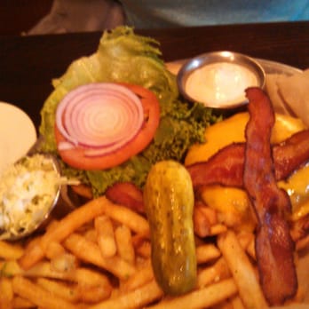 Karvers Grille - Bacon cheese burger with a mountain of Karver's fries and garlic aoili. - American Near Me - Holbrook, New York