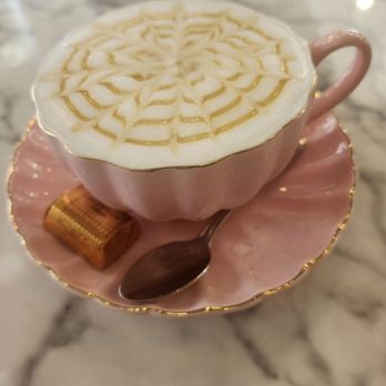 Brunch at Peony - Caramel machiato with a little piece of chocolate on the side - Breakfast & Brunch Near Me - Suwanee, Georgia