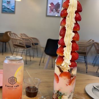 Forest Cafe - Long parfait with chocolate syrup and strawberry ade. - Desserts Near Me - Duluth, Georgia