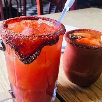 Restaurant Los Langostinos - a bloody drink and a pineapple drink - Mexican Near Me - Chicago, Illinois