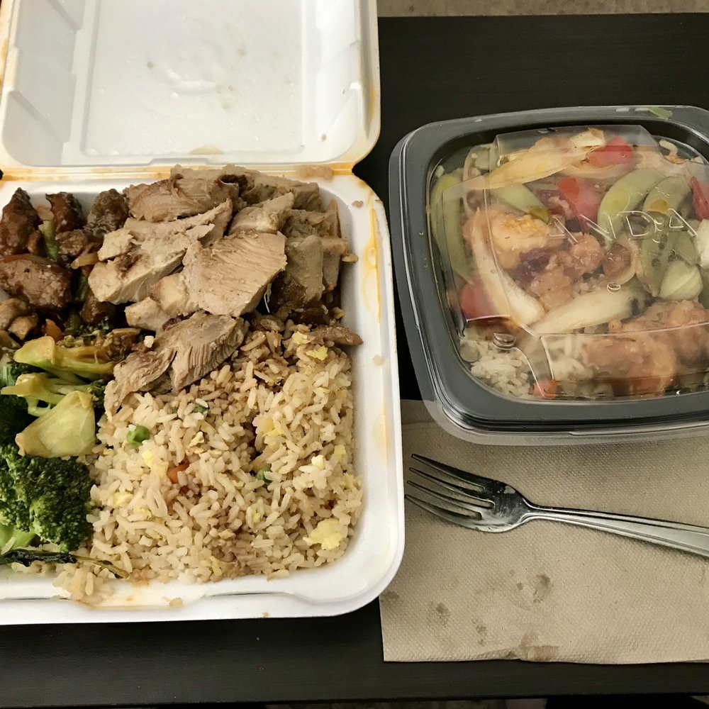 Teriyaki chicken and beef broccoli with fried rice and "super-greens". And a bowl with the chicken-mushroom over fried rice. Teriyaki chicken and beef broccoli with fried rice and "super-greens". And a bowl with the chicken-mushroom over fried rice.